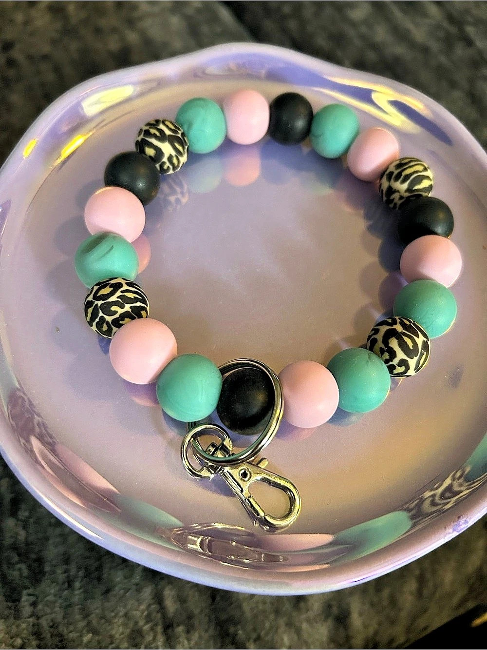 Beaded Keychain in Green & Pink